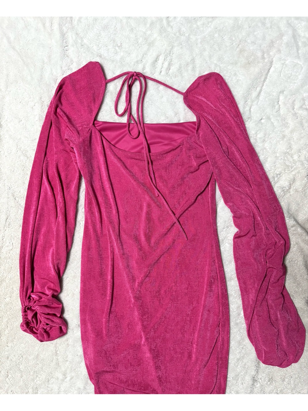 NWOT- LUCY IN THE SKY Square-Neck Long Sleeve Shimmer Mini Dress in Fuchsia Pink - Picture 3 of 11